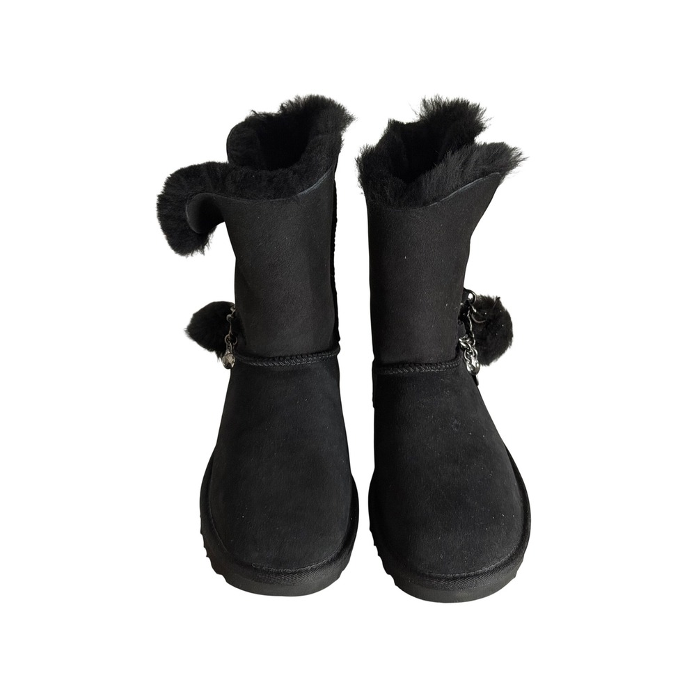 UGG 1103764 Azalea Boots Womens 6 Black Chain Pom Pom Suede Mid Calf